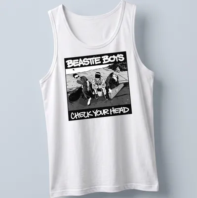 Black and white illustration of three men with Beastie Boys text — printed on a tank top