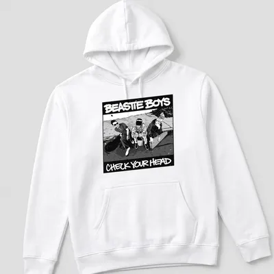 Black and white illustration of three men with Beastie Boys text — printed on a unisex hoodie