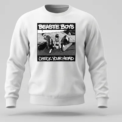 Black and white illustration of three men with Beastie Boys text — printed on a unisex sweatshirt