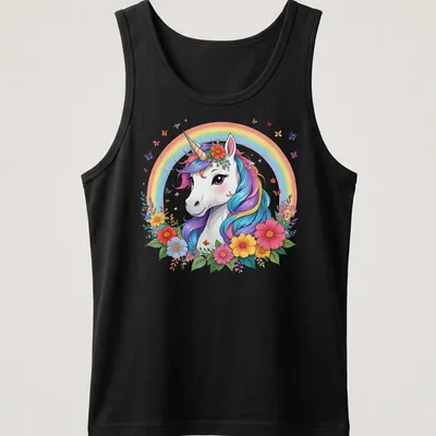 Whimsical illustration of a beautiful unicorn with a rainbow mane and flowers. — printed on a tank top