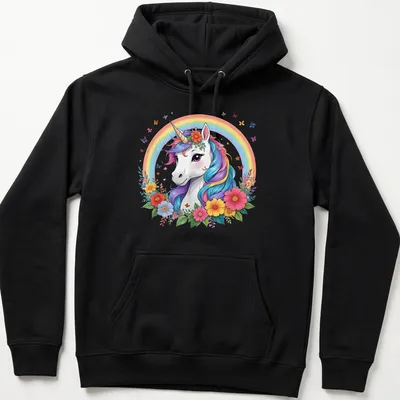 Whimsical illustration of a beautiful unicorn with a rainbow mane and flowers. — printed on a unisex hoodie
