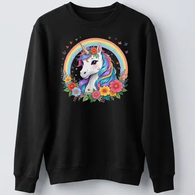 Whimsical illustration of a beautiful unicorn with a rainbow mane and flowers. — printed on a unisex sweatshirt
