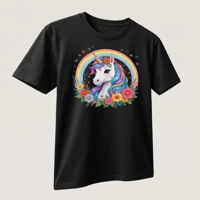 Whimsical illustration of a beautiful unicorn with a rainbow mane and flowers. — printed on a unisex t-shirt (angled view)