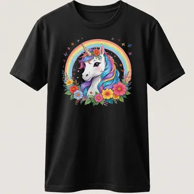 Whimsical illustration of a beautiful unicorn with a rainbow mane and flowers.