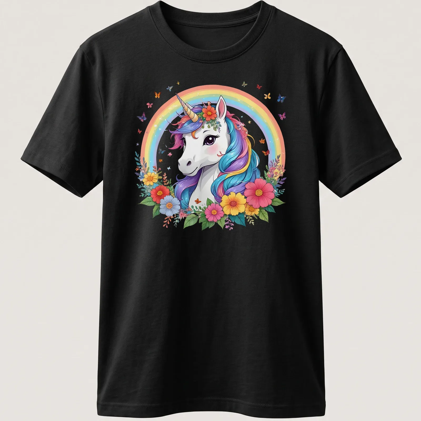 Whimsical illustration of a beautiful unicorn with a rainbow mane and flowers. — printed on a unisex t-shirt