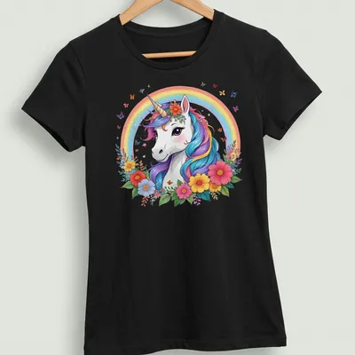 Whimsical illustration of a beautiful unicorn with a rainbow mane and flowers. — printed on a women's shirt