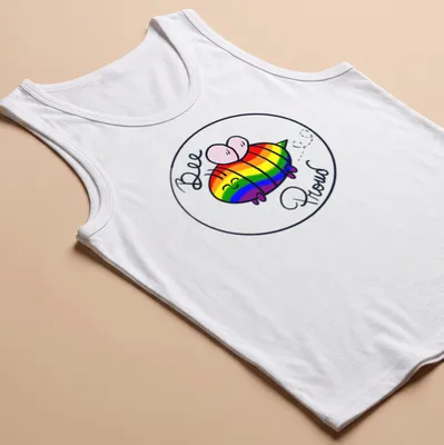 Kawaii rainbow bee design with the text Bee Proud in bright colors — printed on a tank top