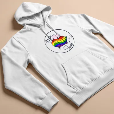 Kawaii rainbow bee design with the text Bee Proud in bright colors — printed on a unisex hoodie