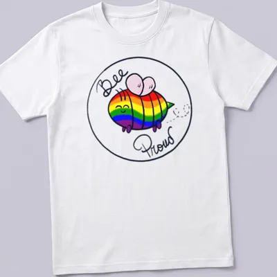 Kawaii rainbow bee design with the text Bee Proud in bright colors