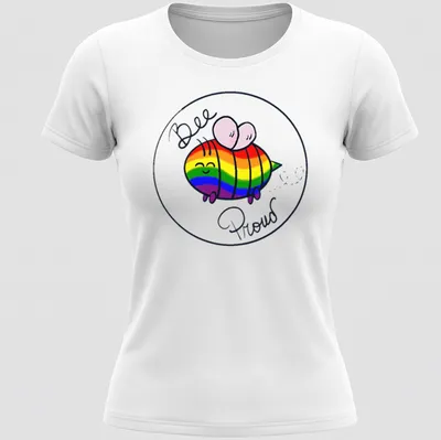 Kawaii rainbow bee design with the text Bee Proud in bright colors — printed on a women's shirt