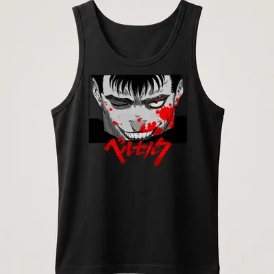 Berserk manga character in black, red, gray, and white with blood splatter design — printed on a tank top