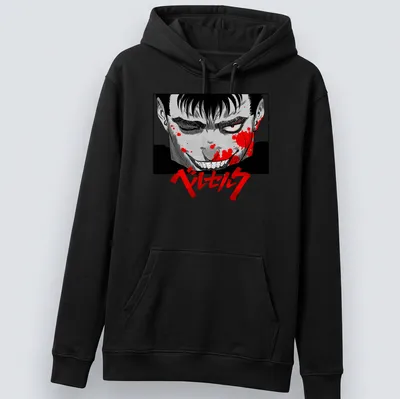 Berserk manga character in black, red, gray, and white with blood splatter design — printed on a unisex hoodie