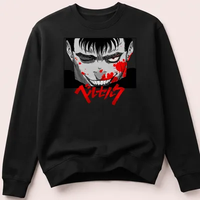 Berserk manga character in black, red, gray, and white with blood splatter design — printed on a unisex sweatshirt