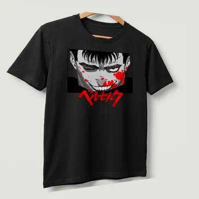 Berserk manga character in black, red, gray, and white with blood splatter design — printed on a unisex t-shirt (angled view)