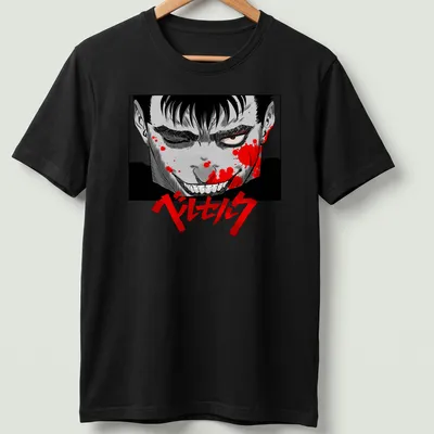 Berserk manga character in black, red, gray, and white with blood splatter design