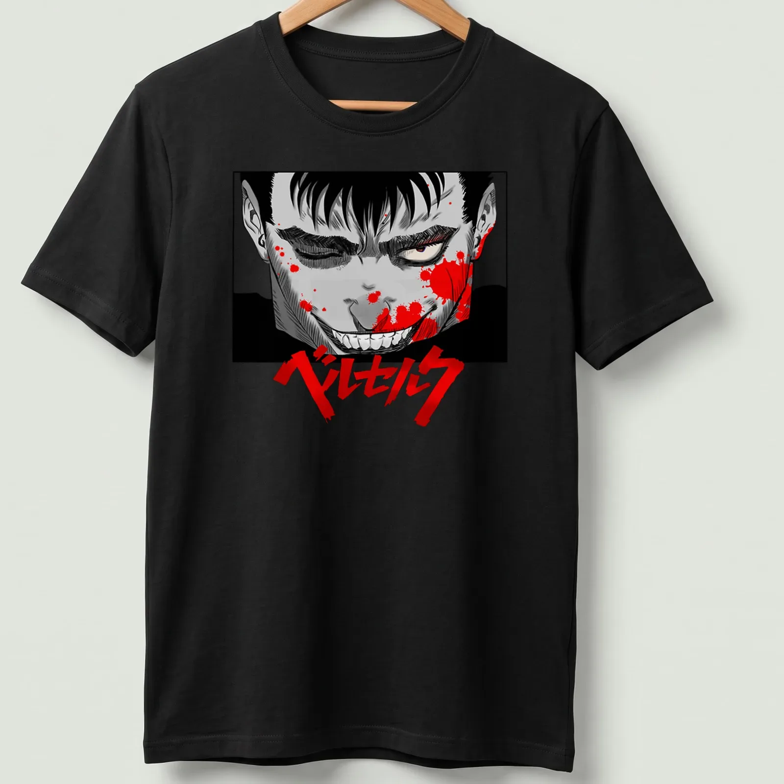 Berserk manga character in black, red, gray, and white with blood splatter design — printed on a unisex t-shirt