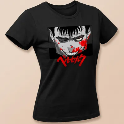 Berserk manga character in black, red, gray, and white with blood splatter design — printed on a women's shirt