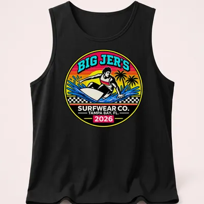 Vibrant retro print of a surfer riding a wave with text Big Jer's Surfwear Co. — printed on a tank top