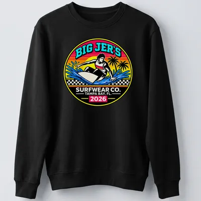 Vibrant retro print of a surfer riding a wave with text Big Jer's Surfwear Co. — printed on a unisex sweatshirt