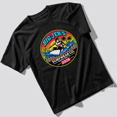 Vibrant retro print of a surfer riding a wave with text Big Jer's Surfwear Co.