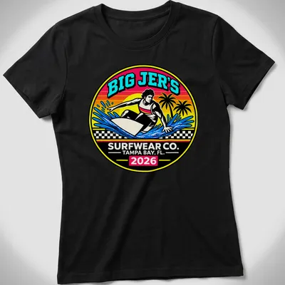 Vibrant retro print of a surfer riding a wave with text Big Jer's Surfwear Co. — printed on a women's shirt