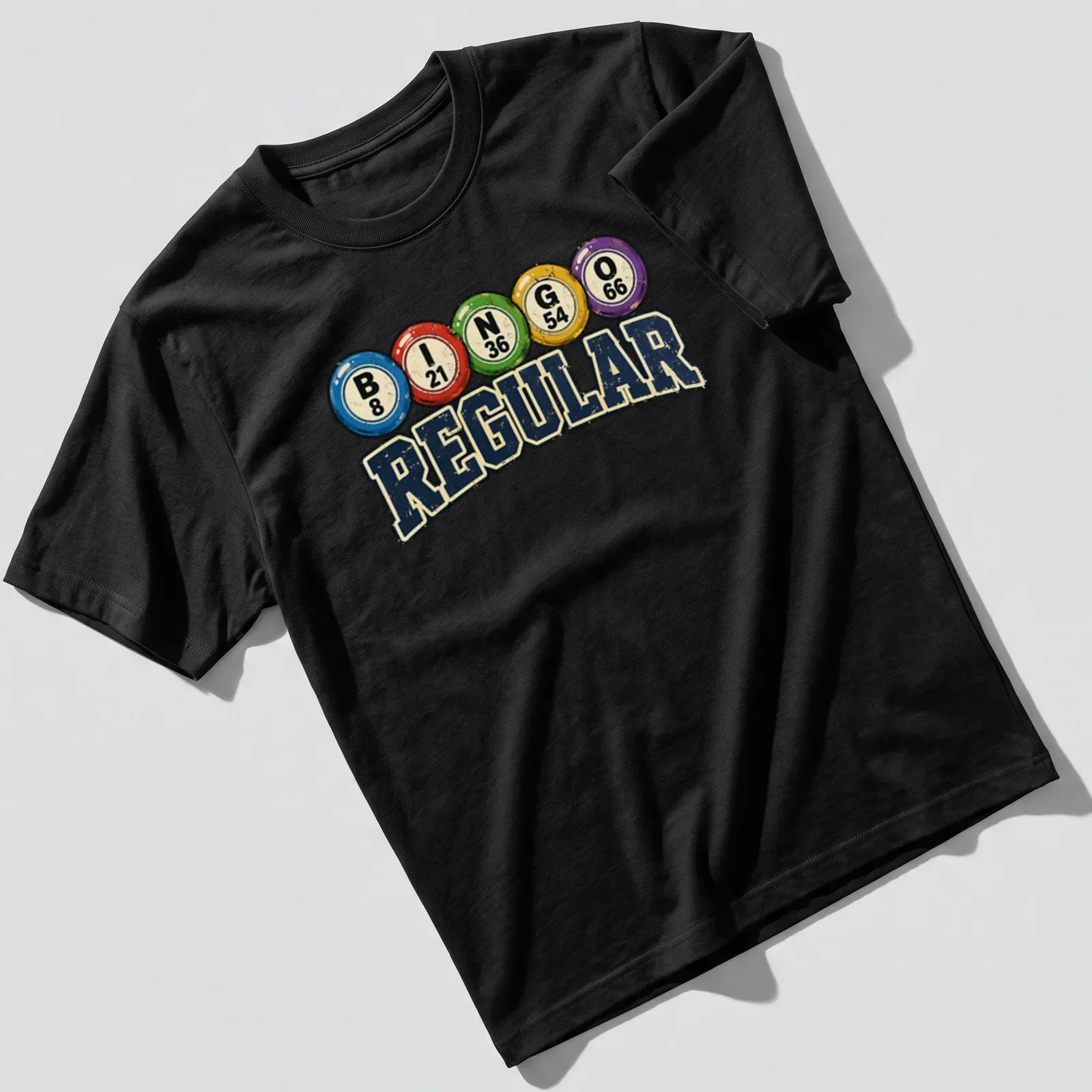 Vintage distressed Bingo Regular t-shirt with colorful bingo balls — printed on a unisex t-shirt