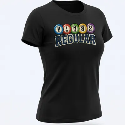 Vintage distressed Bingo Regular t-shirt with colorful bingo balls — printed on a women's shirt