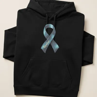 Watercolor design of a bipolar awareness ribbon with the word Bipolar — printed on a unisex hoodie