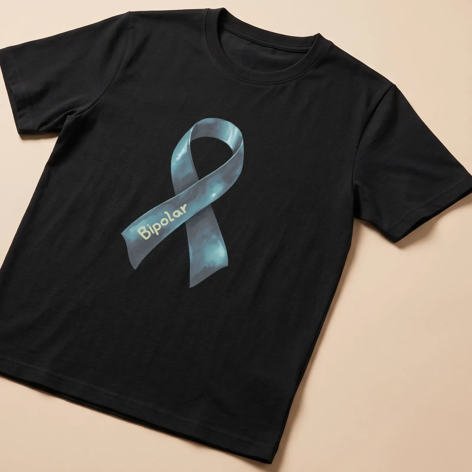 Watercolor design of a bipolar awareness ribbon with the word Bipolar — printed on a unisex t-shirt