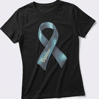 Watercolor design of a bipolar awareness ribbon with the word Bipolar — printed on a women's shirt