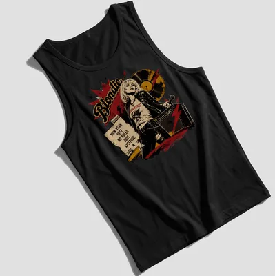 Vintage distressed t-shirt featuring Blondie inspired rock singer with bold text — printed on a tank top
