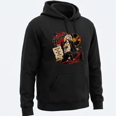 Vintage distressed t-shirt featuring Blondie inspired rock singer with bold text — printed on a unisex hoodie