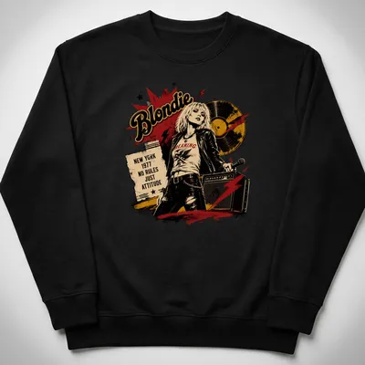 Vintage distressed t-shirt featuring Blondie inspired rock singer with bold text — printed on a unisex sweatshirt