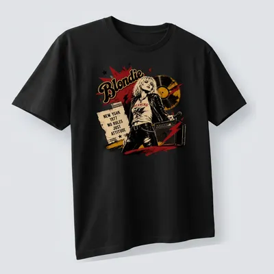 Vintage distressed t-shirt featuring Blondie inspired rock singer with bold text — printed on a unisex t-shirt (angled view)