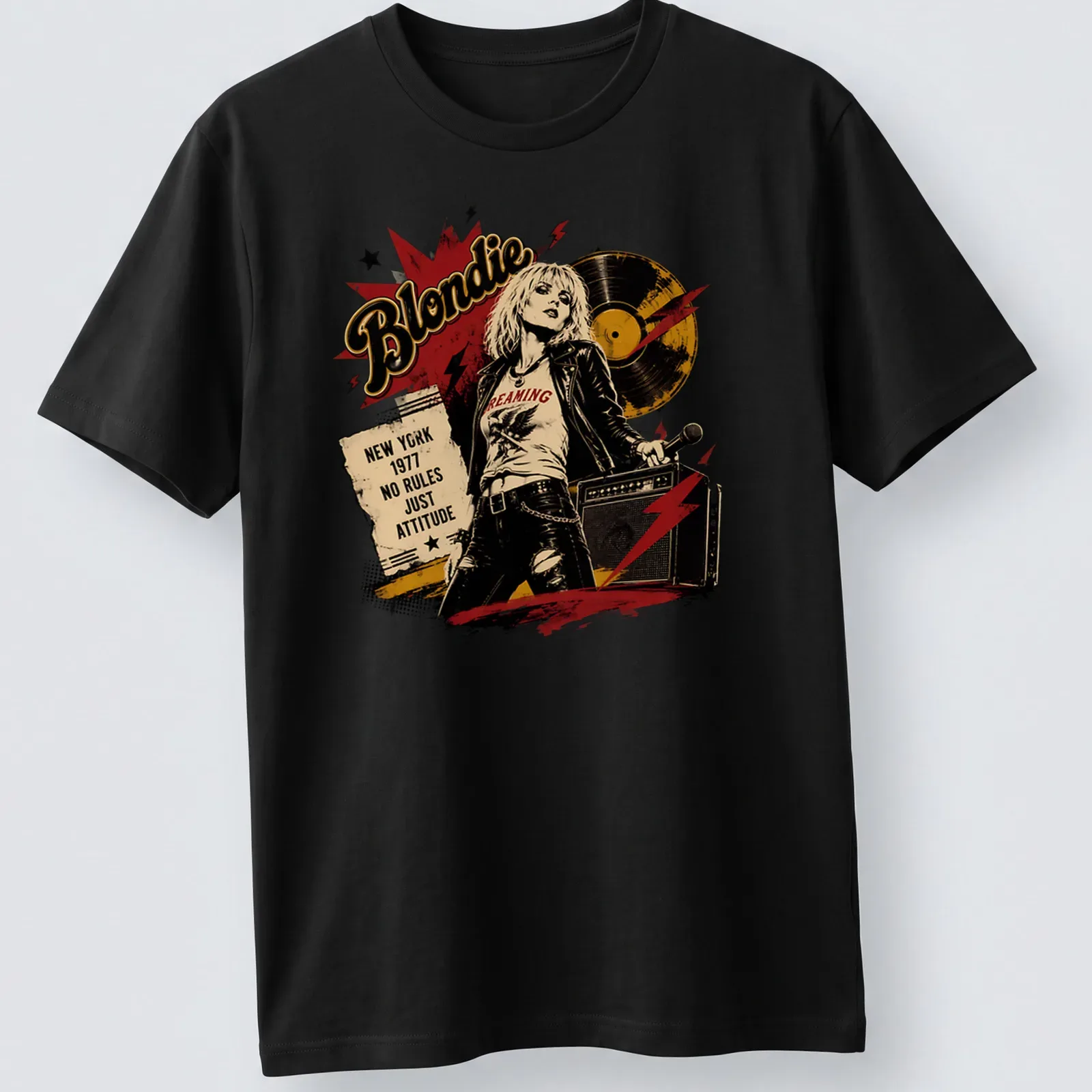 Vintage distressed t-shirt featuring Blondie inspired rock singer with bold text — printed on a unisex t-shirt