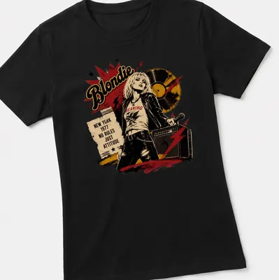 Vintage distressed t-shirt featuring Blondie inspired rock singer with bold text — printed on a women's shirt