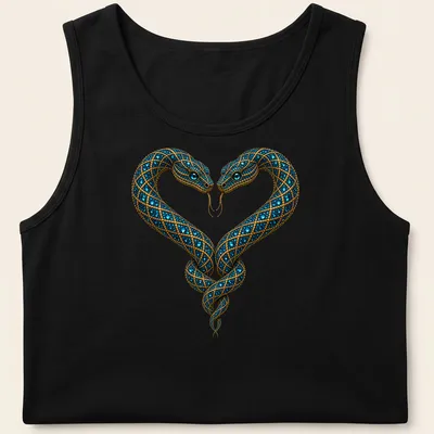 Intricate blue jeweled snakes forming a heart in detailed illustration — printed on a tank top