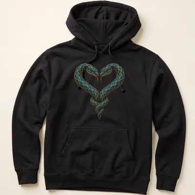 Intricate blue jeweled snakes forming a heart in detailed illustration — printed on a unisex hoodie