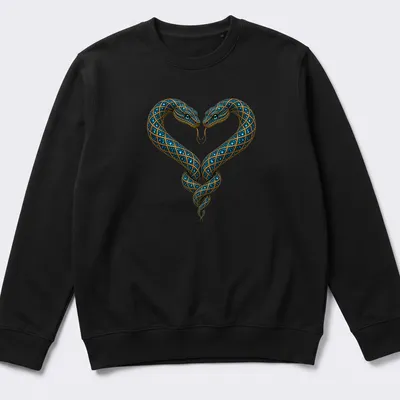 Intricate blue jeweled snakes forming a heart in detailed illustration — printed on a unisex sweatshirt