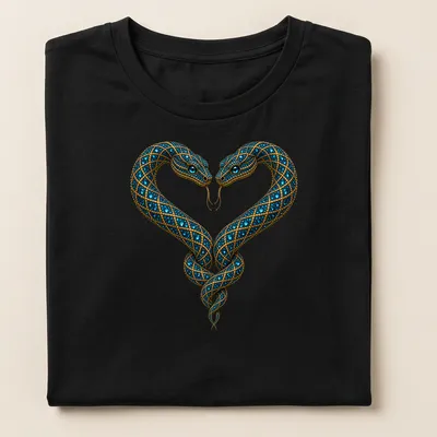 Intricate blue jeweled snakes forming a heart in detailed illustration — printed on a women's shirt