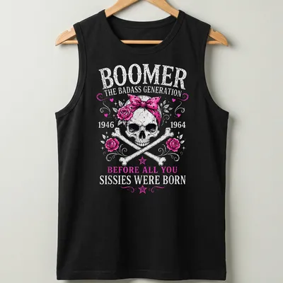 Vintage tattoo style t-shirt featuring a skull with a pink bandana and roses — printed on a tank top