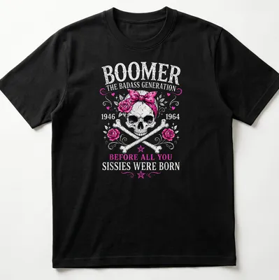 Vintage tattoo style t-shirt featuring a skull with a pink bandana and roses