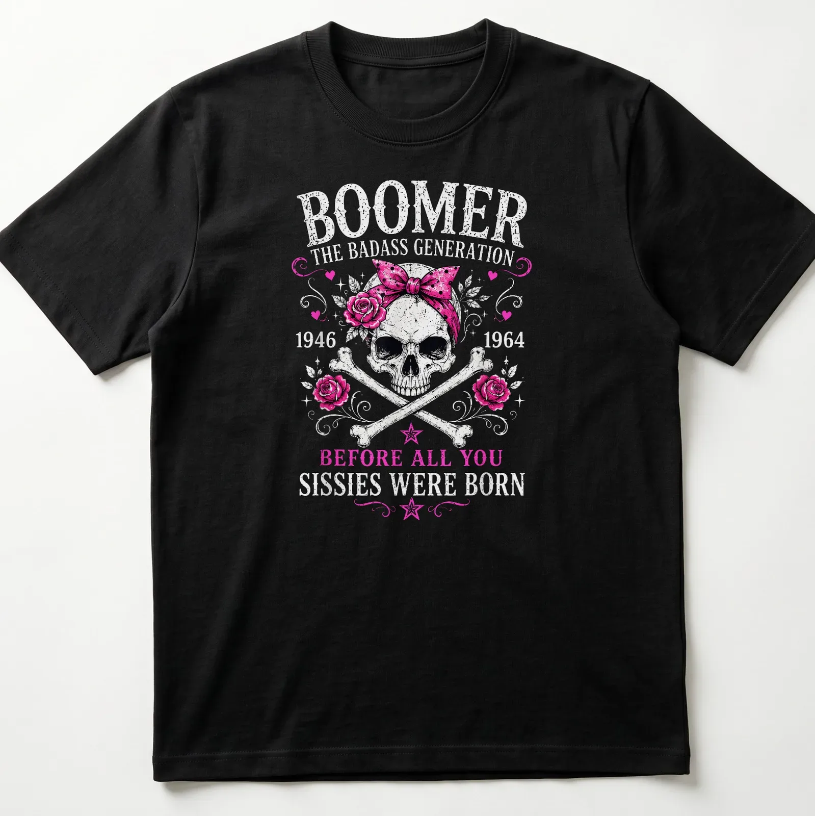 Vintage tattoo style t-shirt featuring a skull with a pink bandana and roses — printed on a unisex t-shirt