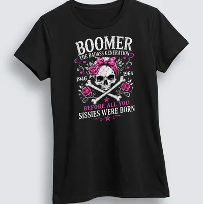 Vintage tattoo style t-shirt featuring a skull with a pink bandana and roses — printed on a women's shirt