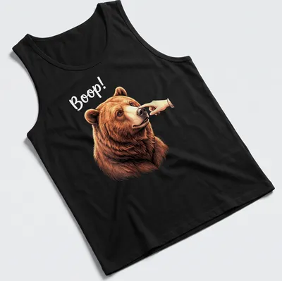 Realistic illustration of a bear's nose with playful text 'Boop!' — printed on a tank top