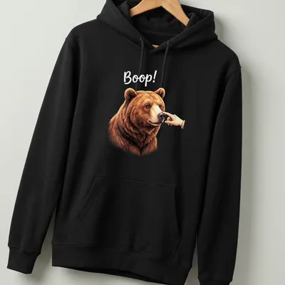 Realistic illustration of a bear's nose with playful text 'Boop!' — printed on a unisex hoodie