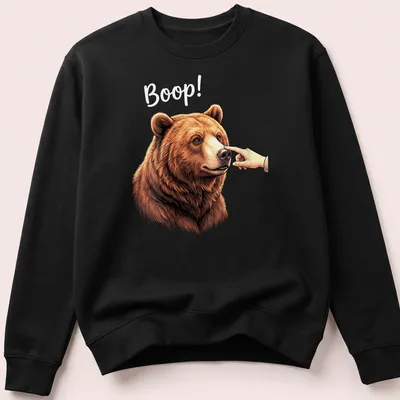 Realistic illustration of a bear's nose with playful text 'Boop!' — printed on a unisex sweatshirt