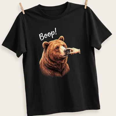 Realistic illustration of a bear's nose with playful text 'Boop!'