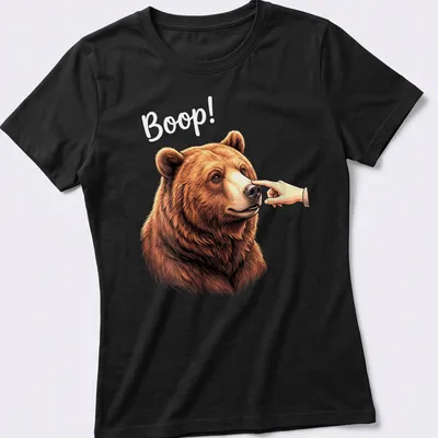Realistic illustration of a bear's nose with playful text 'Boop!' — printed on a women's shirt