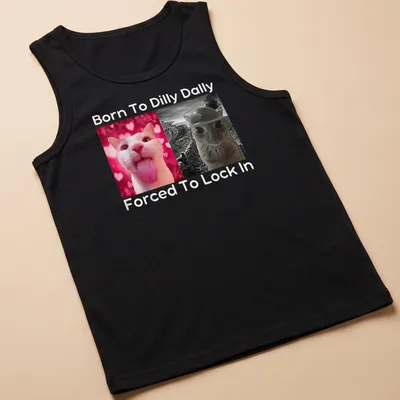 Humorous cat-themed T-shirt with pink background and funny text — printed on a tank top
